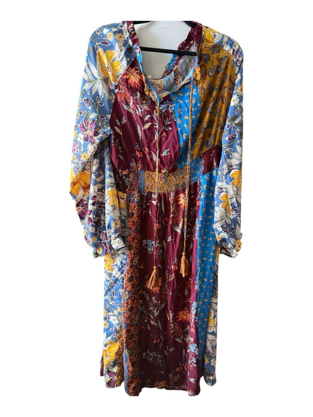 Bohemian Patchwork Long Sleeve Midi Dress in Burgundy, Blue & Mustard. - 3XL NWT